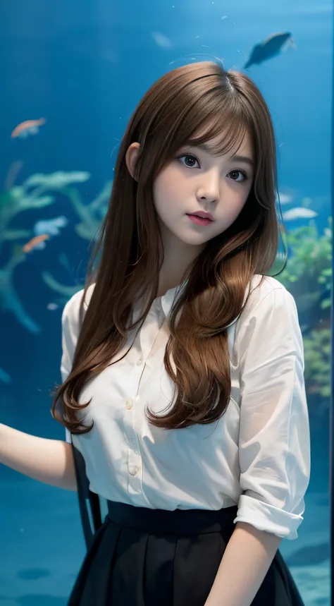 1girl in、Early 20s、(Super beautiful)、(ultra beautiful faces)、Wearing makeup、brown haired、(In front of the aquarium aquarium)、a miniskirt、Shallow depth of field