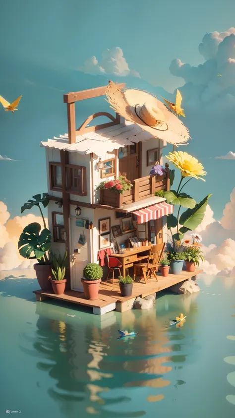 There is a suitcase with a straw hat on top, clouds leaning up, atmosphere, leaves, chrysanthemums floating in the air, paper airplanes, (miniature: 1.2), 2.5d illustration, 3d rendering, 3d modeling, trend in behans 3d art, trend in behans 3d art, 3d illu...