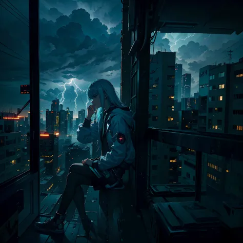 A teenage cyberpunk sitting at the window reading a book, as nuvens do lado de fora da janela eram espessas, lightning and thunder, o clima estava deprimido, e o estilo era sombrio