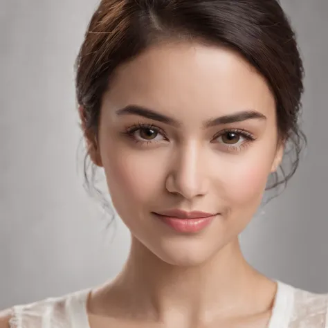 (Photo: 1.3) af (realism: 1.3), (Hispanic), Latina woman profile picture, (frontal close-up), soft light, clear face, happy, cheerful, warm light, white T-shirt, (off-white background), (blank background), ((gray wall background)) avatar, (short hair), smi...