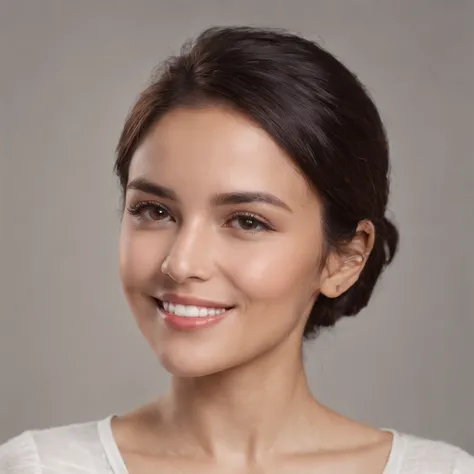 (Photo: 1.3) af (realism: 1.3), (Hispanic), Latina woman profile picture, (frontal close-up), soft light, clear face, happy, cheerful, warm light, white T-shirt, (off-white background), (blank background), ((gray wall background)) avatar, (short hair), smi...