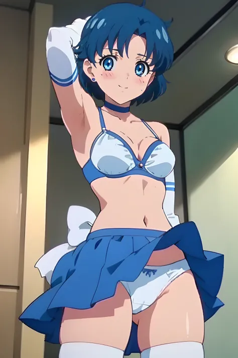 gloves, leggings, bikini, 1 girl, skirt, underwear, short hair, thigh highs, white panties, depth of field, elbow length gloves, blue eyes, blue hair, boobs, solo, blue, mizuno ami, jewelry, bra , button tummy, 2009, ((medium breasts)), skirt, skirt lift, ...