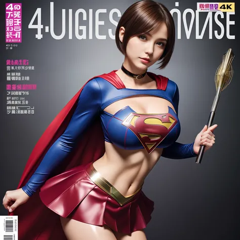 (Best Quality,4K,8K,hight resolution,masutepiece:1.2),Ultra-detailed,Realistic:1.37,Super masterpiece,Short-haired Supergirl、large full breasts、Looking at the camera、Glossy costume、a choker、Too short miniskirt、Magazine covers、Weekly Magazine