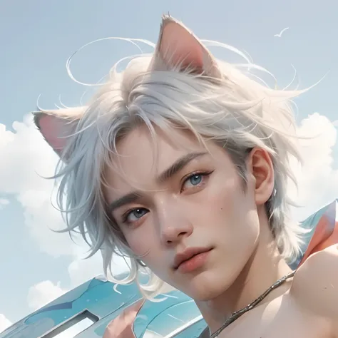 (max resolution: 1.2), (Ultra HDTV: 1.2), 8K resolution, Eye and skin details, face details, , (Sharp focus: 1.2), (Precise focus) sharp face: 1.2), Standing boy, Short hair, White hair, Cat ears, Holding sword, Shirtless, Exposed chest muscles, Six pack a...