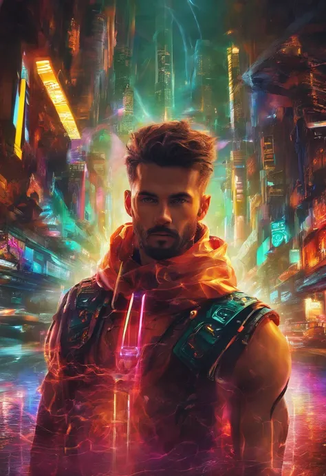 (best quality,highres,ultra-detailed,realistic:1.2), male with robotic arms wearing sleeveless hoodie, brown-eyed, brown ponytail, crackling energy, light beard, futuristic concept, vivid colors, glowing neon lights, impressive physique, powerful stance, c...