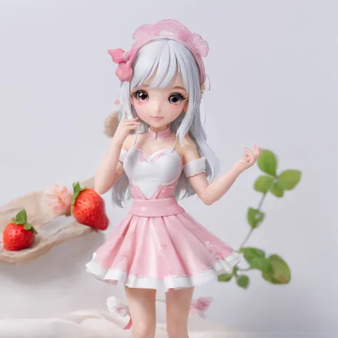 (Best quality), (masterpiece:1.3), (photorealistic:1.36), (realistic), ultra-detailed, Small creature in Japanese Anime Style, Character of cute girl. kawaii, flared skirt, indoor, Spaghetti with strawberry sauce in transparent dish,