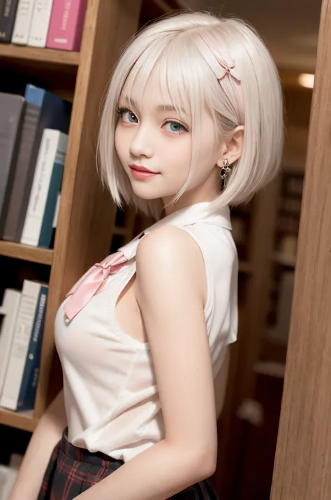 Top image quality、Raw photography、超A high resolution、Cute smile, Shot from the side、Gentle smile、16-year-old Korean、middlebreasts、Low angle shooting、neck tie、bow ribbon、student clothes、Collared shirt、School uniform shirt、plaid skirts、fair white skin、shiny ...