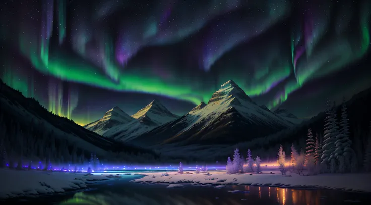 Northern Lights,Bob Ross style,painting,scenic art,landscape,oil paint,soft brush strokes,vivid colors,aurora borealis,night sky,twinkling stars,mountains,snow-capped peaks,reflection on water,peaceful atmosphere,tranquil setting,warm color palette,dramati...