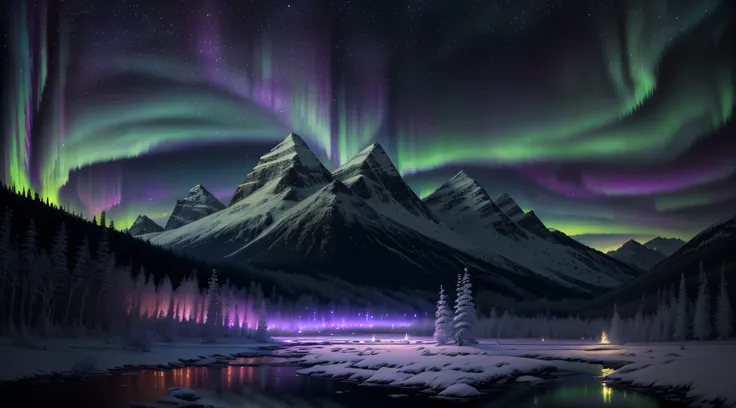 Northern Lights,Bob Ross style,painting,scenic art,landscape,oil paint,soft brush strokes,vivid colors,aurora borealis,night sky,twinkling stars,mountains,snow-capped peaks,reflection on water,peaceful atmosphere,tranquil setting,warm color palette,dramati...