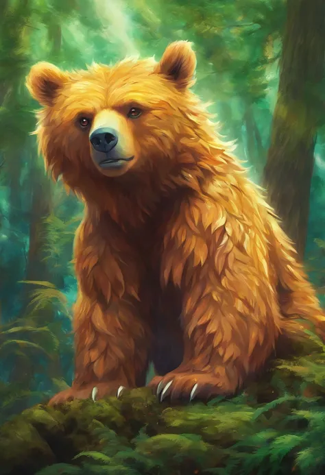 (a unique bear pokemon),illustration,realistic,highres,ultra-detailed,vivid colors,sharp focus,studio lighting,big,fluffy,brown fur,sparkling eyes,powerful claws,friendly expression,standing tall on hind legs,in a lush green forest,sunlight filtering throu...