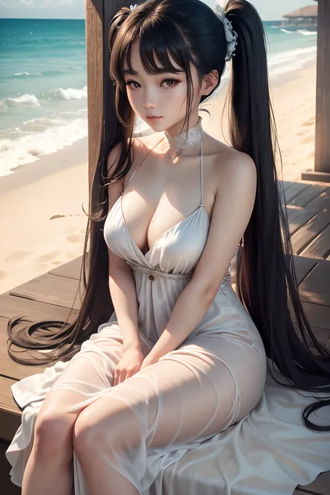 realistic photos of cute Korean star female, uneven twintails, thin makeup, slightly smile, True Decadence Backless Satin Maxi Dress, Champagne near to beach , clear facial features ofsharp and realistic details, Sony FE, 35mm, cinematic lighting, high det...