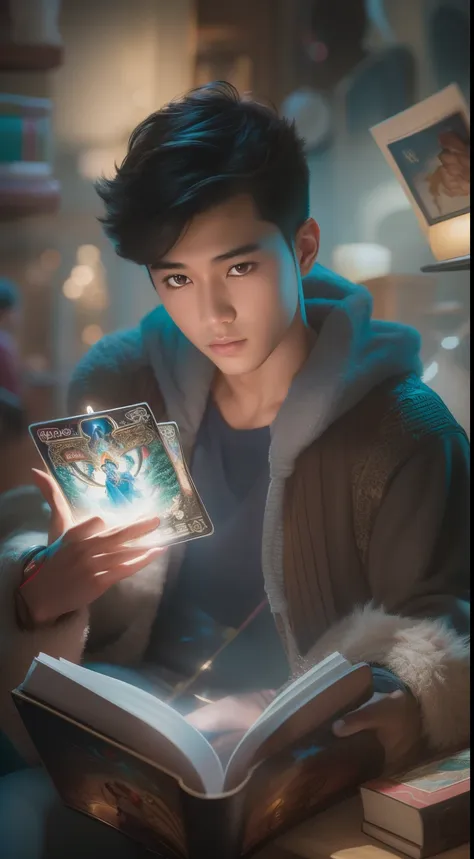 detailed paintings depicting handsomeness, young asian man in casual clothes is assembled by a series of glowing magic cards and...