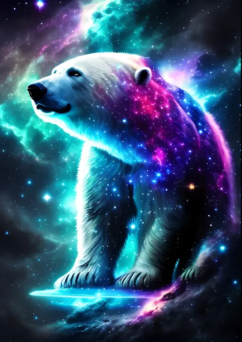 dreamlikeart, galaxy, outer space, nebula, star, [cyberpunked] Polar bear from the stars.. (star:1.5),