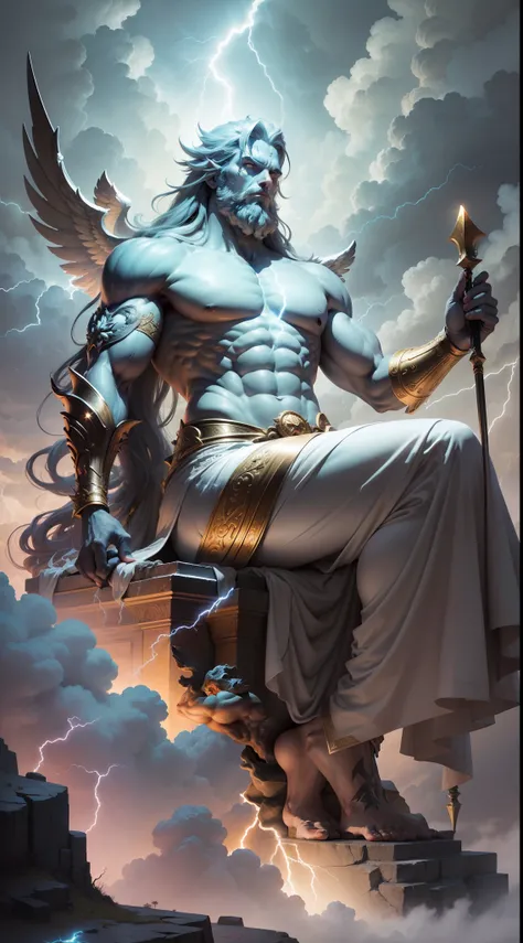 An epic image depicting Zeus, o rei dos deuses gregos, em todo o seu esplendor. He is sitting on his heavenly throne, holding a lightning bolt in his hand, com um olhar imponente e majestoso. Ao seu redor, Charged clouds and lightning illuminate the scener...