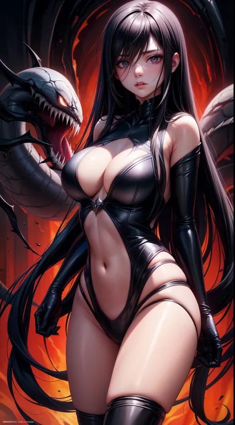 young girl, Long black hair, Black Eyes, open breasts, symbiote, venom, The Venom Woman, Masterpiece, hiquality, 4k, HD, Good detail