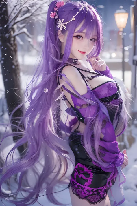 Masterpiece, Best quality, In winter, Snow, Cityscape, Realistic, Real, Huge_filesize, the wallpaper, Gradient_Background, Japanese, Girl, Long hair, Purple hair, Wavy hair, hair stick, heart-shaped hair ornament, Fake smile, Medium breasts, shift dresses,...