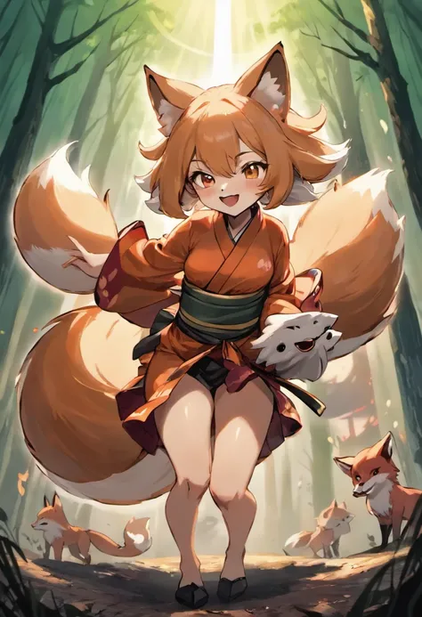 (foxes:1.3),Two-shot photo of a girl and a fox,(Fantasia,Kitsune Yokai Four-Tailed Heavenly Fox,),(Smiling Girl and Fox Youkai: The Tale of the Four-Tailed Heavenly Fox), (Smiling happy girl bent over deep in the forest and looking up,Fox Yokai Two-shot mo...