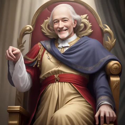 Hyper realistic 4K, A smiling 50-year-old wise man sitting on a throne in France