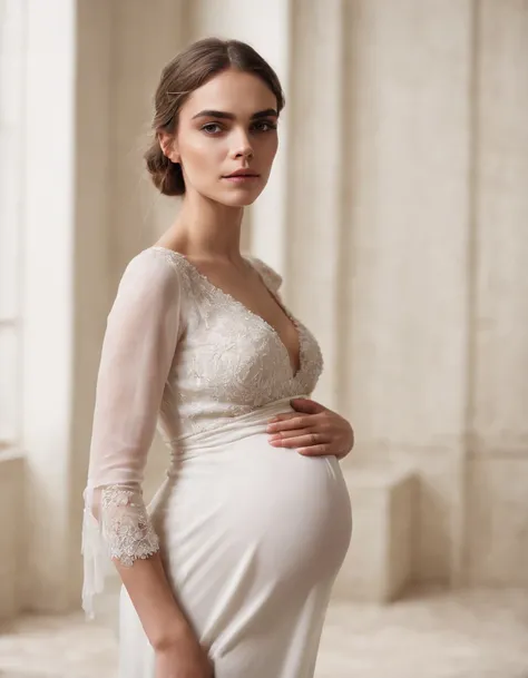 a close-up photo of a pregnant woman, Retrato de 
Cara Delevigne,  Beautiful pregnant woman, Stand with your hands hanging, cabelos longos fluindo com o vento, No meio de canteiros coloridos, vestido branco,((Cabelos longos dourados)),flor bonita