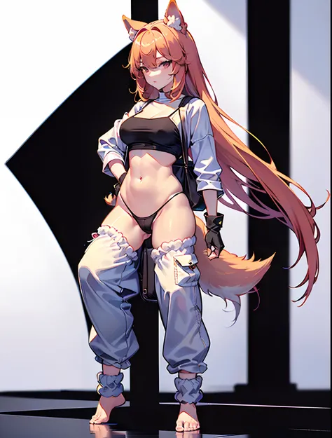 ((dog girl)), ((full body)), ((Standing pose)), ((((((very baggy and long cotton leg warmers)))))), ((bare feet)), (((blouse))), ((thong)), (((martial fighting gloves))), ((fully detailed))