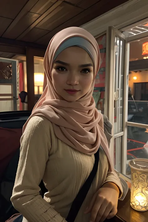 a matured malay woman in the style of nocturne, wearing hijab, dreamy atmosphere, dark cyan and red, i can't believe how beautif...