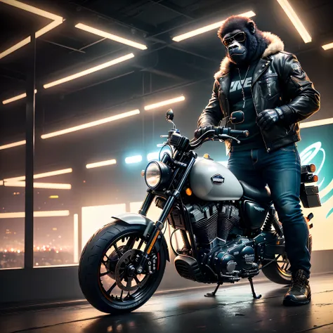 ​masterpiece, (ultra-detailliert), (Animal anthropomorphism), Gangster theme, gorilla, jaket, Gorilla riding a dimly lit light motorcycle, tattooed, machine guns, fumo, shadowy, Destroyed cityscape, top-quality, solofocus, (Lean: 1.04), muscular guy, full ...