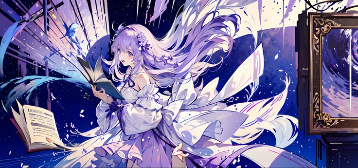 ((best quality)), ((masterpiece)), ((ultra-detailed)), (illustration), (detailed light), (an extremely delicate and beautiful),1girl, solo, barefoot, long hair, purple hair, purple eyes, book, full body, dress, ahoge, looking at viewer, white dress, detach...