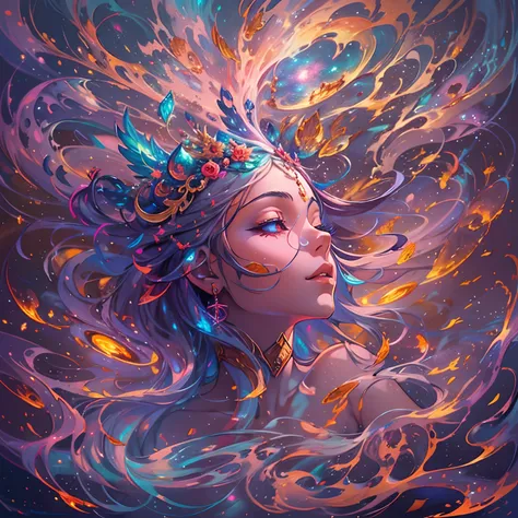 Diving Into The Ether Flowing with The Eternal Soul Through Vibration of love, everything is connected, Flowing energy, Spiritual, divine, dreamlike, cosmic, concept art, mind blowing, feminine beauty, god, pineal gland, dreamlikeart