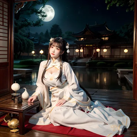 Change，Moon，themoon，rays of moonlight，big breasts beautiful，delicated，the detail，Extreme，复杂，Brilliant --ar 2:4 --s 100 --niji 5 --Expressive style，palaces，the white rabbit，Long sleeves floating，Palace costume，Classical beauty，Looking at you，Bigchest，Realiy