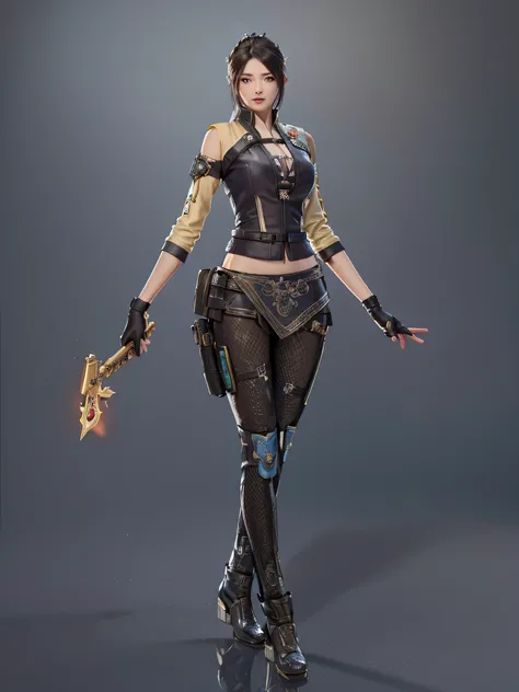 Close-up of a woman with a sword and a gun, Female character, heroines, full-body xianxia, sci fi female character, diesel punk female, 3 D rendering character art 8 K, 3 d character concept artwork, Feng Zhu concept art, sci-fi woman, Katana Zero video ga...