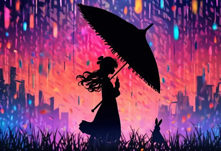 (Silhouette Art,cutouts:1.6)
(((Paper cutting art,A world where only black exists:1.3)

(Cowboy Shot),1 girl,Solo,
(Girl with umbrella,profile:1.2),

Romper
(Colorful rain)
Textured glass background,Tarot card atmosphere