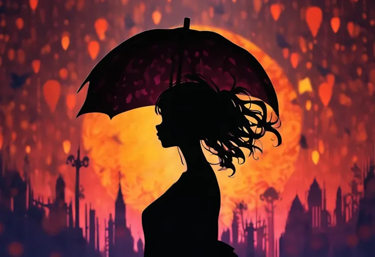 (Silhouette Art,cutouts:1.6)
(((Paper cutting art,A world where only black exists:1.3)

(Cowboy Shot),1 girl,Solo,
(Girl with umbrella,profile:1.2),

Romper
(Colorful rain)
Textured glass background,Tarot card atmosphere