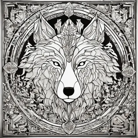 Wolf, Chinese paper-cutting art,black and white, print, super detailed