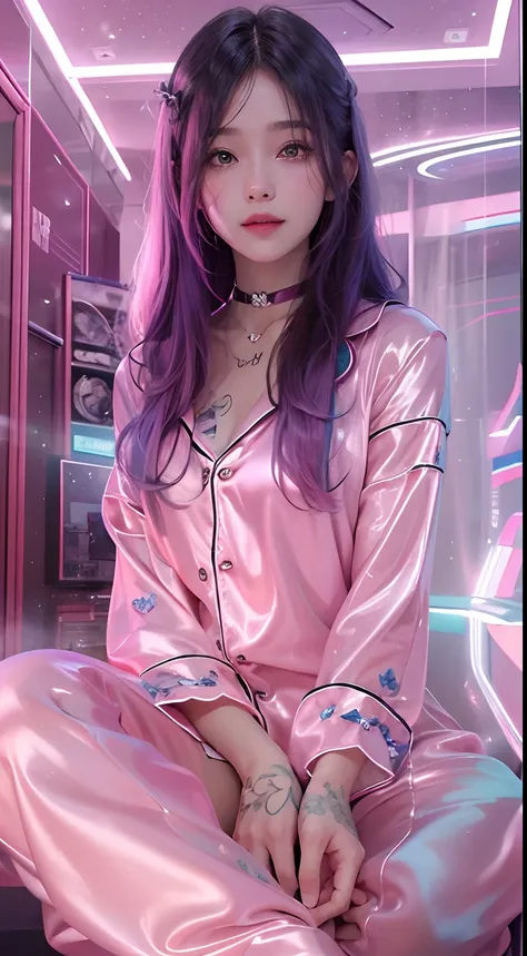 1girll,（Captivating quality：1.4），（True textured skins of the highest quality), Delicate face,Pink twin-tailed hair, Gradient Hair, （perfect bodies：1.1），Heart-shaped choker、long eyelasher,grin, hyperphotorealism, Cinematic lighting, projected inset, surreal...