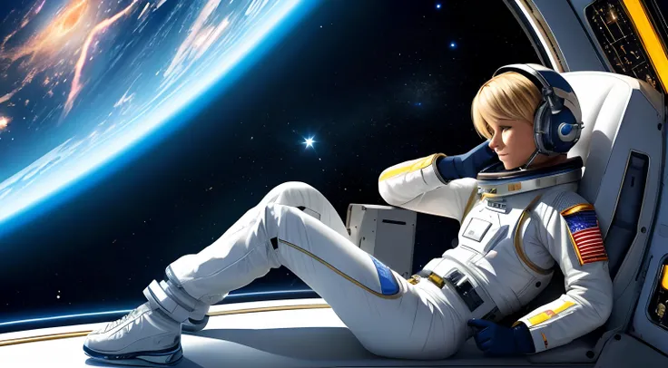 realistic Illustration of a short blond female pilot exploring space ultra-high definition detail, She sits in her bedroom on the spaceship ultra-high definition detail, taking a rest listening to music exploring the unknown realm of the universe, It is ch...