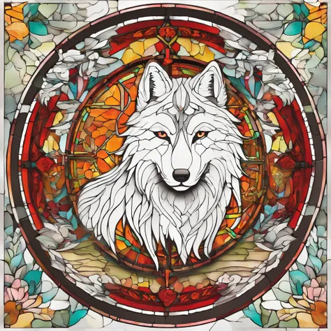 White Wolf, Chinese paper-cutting art, colourful glasses，print, super detailed