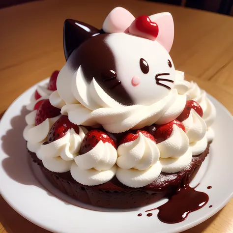 Bolo hello kitty com chantilly e morango e chocolate branco derretendo imagem hiper trincada realista