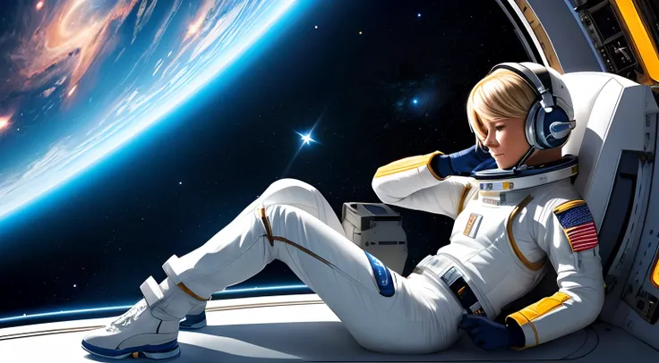 realistic Illustration of a short blond female pilot exploring space ultra-high definition detail, She sits in her bedroom on the spaceship ultra-high definition detail, taking a rest listening to music exploring the unknown realm of the universe。It is cha...