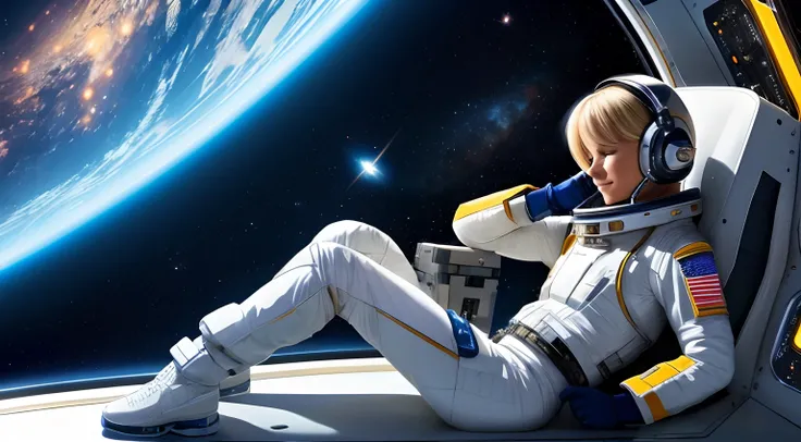 realistic Illustration of a short blond female pilot exploring space ultra-high definition detail, She sits in her bedroom on the spaceship ultra-high definition detail, taking a rest listening to music exploring the unknown realm of the universe。It is cha...