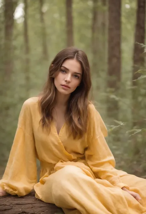 Photograph of a beautiful girl in her 20s in plain pajamas on a long yellow cloth, Sentado en un tronco en un bosque brumoso, Abundante cabello amarillo, Franja arbustiva, Ojos brillantes y hermosos, beautiful symmetrical face, Cara linda e inocente, sin m...