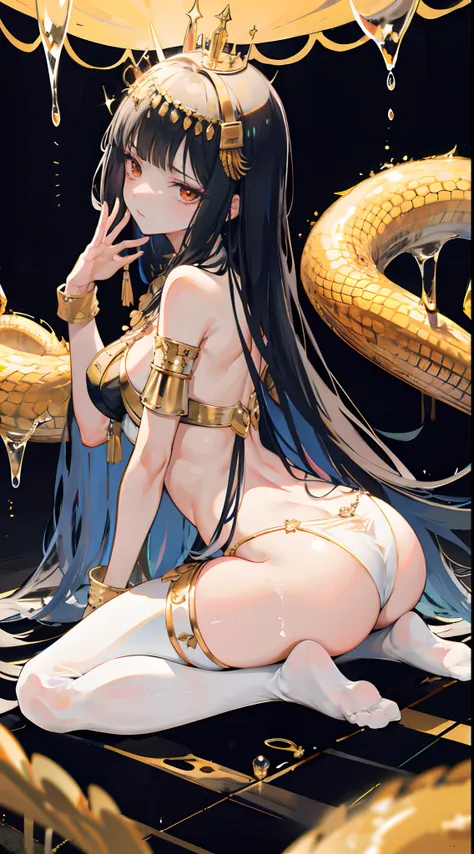 Cleopatra，No underwear， the feet，is shy，Exposed genitals，clear liquid，Bigchest，transparent panty，soaking wet，Emotive expressions，Ambiguous，taunt，Unoccluded，There is no lower limit，Mesh socks，black lence stockings，a queen，the expression is mocking，hindquart...