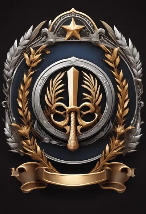 （Game achievement badge design），silver medal，Flat 2D Effects，Wheat border ears，(In the center of the medallion is、There is an icon where the hammer and wrench intersect)、sword and magic