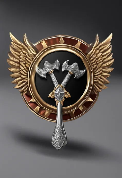 （Game achievement badge design），silver medal，Flat 2D Effects，Wheat border ears，(In the center of the medallion is、There is an icon where the hammer and wrench intersect)、sword and magic