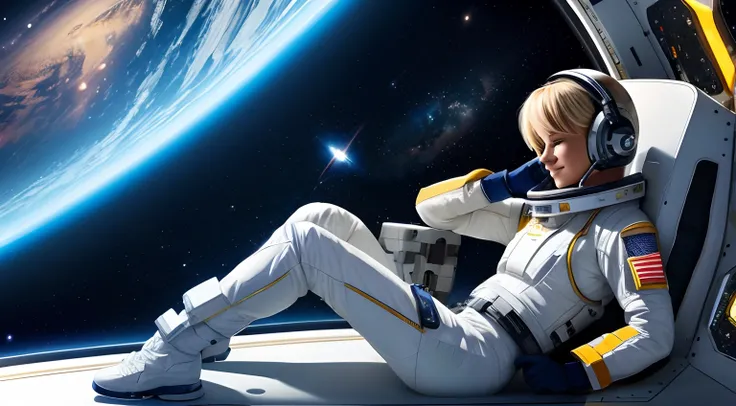 realistic Illustration of a short blond female pilot exploring space ultra-high definition detail, She sits in her bedroom on the spaceship ultra-high definition detail, taking a rest listening to music exploring the unknown realm of the universe。It is cha...