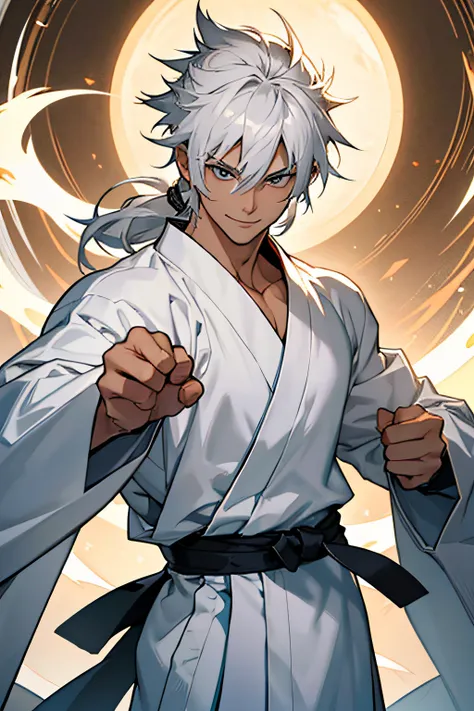 1 male character, Tan skin, Hair white eye silver, tall character, body strong and slender, greets with a peaceful expression smile showing your strength and confidence, wearing kimonos, captivating look, personality shining through the eyes, graceful post...