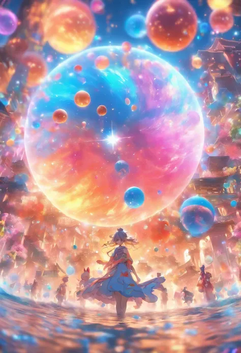 8K image, high quality, extremly detailed, highest quality, masterpiece, absurdres, magnificent, unreal engine, octane render, sci-fi, soft lighting, dream, dreamlike, dramatic, (floating), antigravity, reflection, bubbles, sparkling, (🫧🌌☄️🪶🎆🎇🎊🎏), festival...