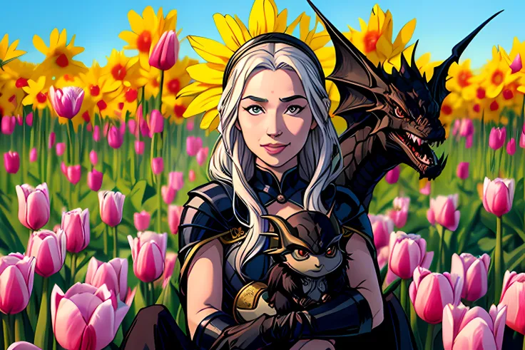 (style of Hieronymus Bosch), Daenerys Targaryen sitting holding a (cute (chibi) black dragon), smiling, field of tulips, sunny, detailed, sharp, high resolution, 8k, high saturation, portrait