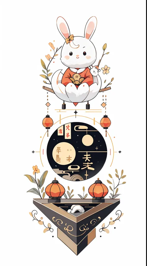 （A rabbit：1.4）, sat on the ground, Looking up, （（Mid-Autumn Festival atmosphere；1.2，sweet osmanthus，Kongming Lantern，Meniscus，Moon cake）），（Chinese kanji：1.3），Chinese Traditional illustration style, Digital art, Simple background, Masterpiece on white backg...