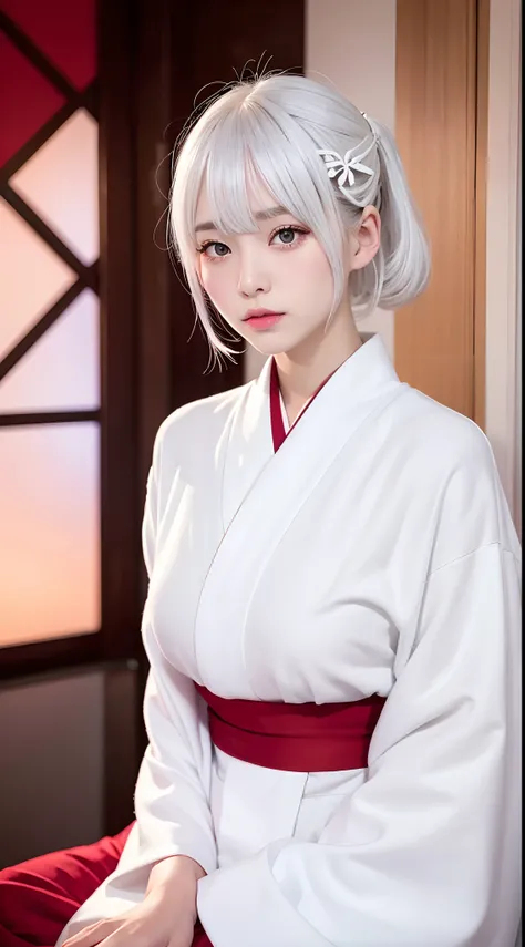 white  hair、Silver Eyes,red kimono,Bangs,