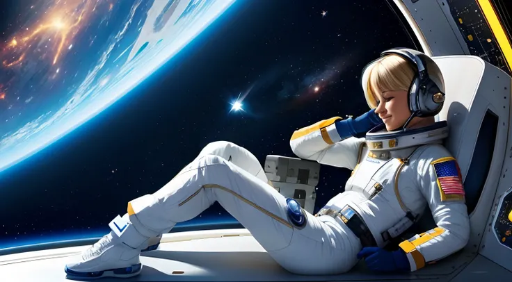 realistic Illustration of a short blond female pilot exploring space ultra-high definition detail, She sits in her bedroom on the spaceship ultra-high definition detail, taking a rest listening to music exploring the unknown realm of the universe, It is ch...